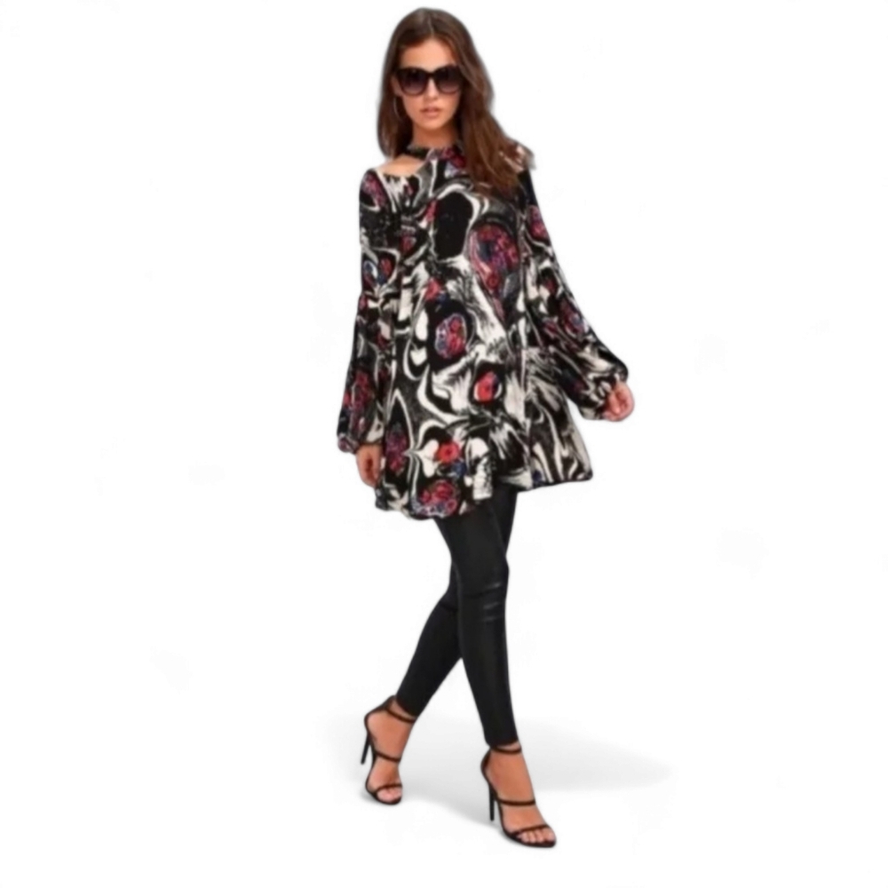 Free People Womens Drift Away Black Abstract Print Open Shoulder Tunic Dress M - Picture 6 of 15